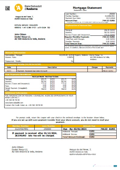 Download Andorra BancSabadell d’Andorra bank mortgage statement scr Photoshop template